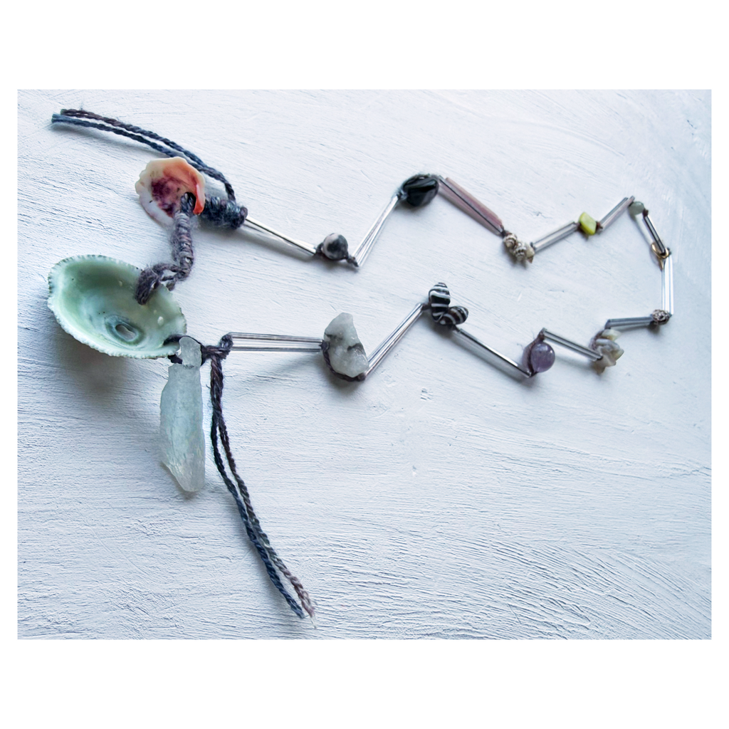 Convertible woven silk and stone necklace with shells, quartz, super seven stone, onyx 