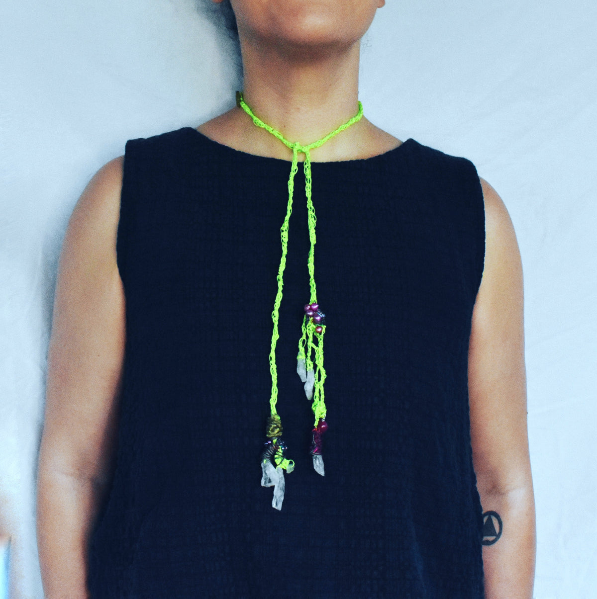 Long convertible crochet lariat necklace with rough-cut quartz pendants, vintage pearls and neon green cord