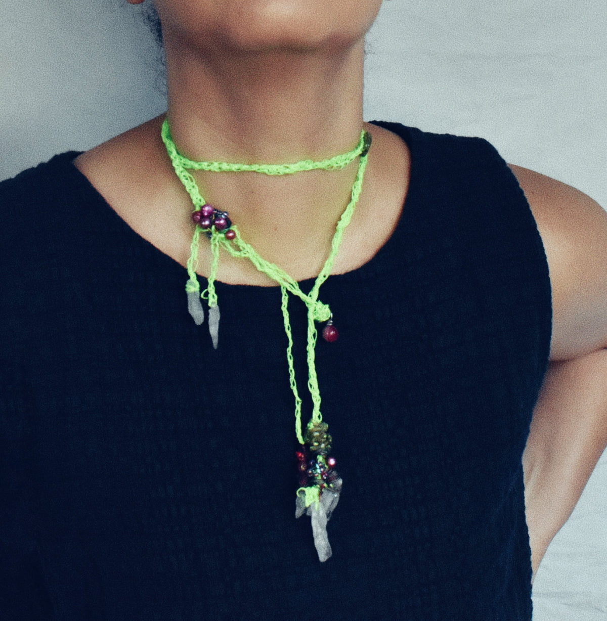 Convertible neon green lariat necklace with rough-cut quartz, vintage pearls and watermelon tourmaline worn wrapped at the neck