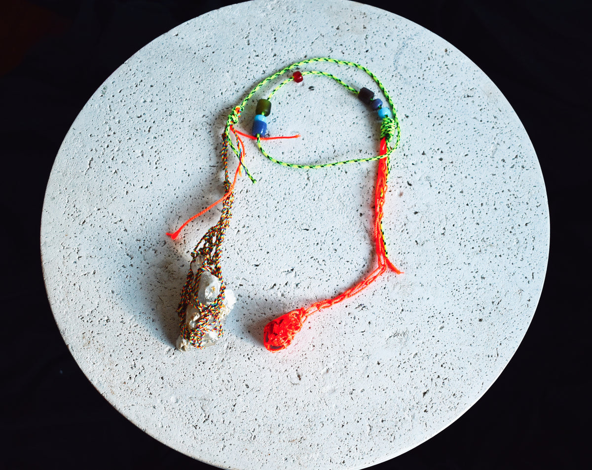 Handmade convertible gemstone lariat with fluorite, Tibetan quartz, neon paracord and glass beads