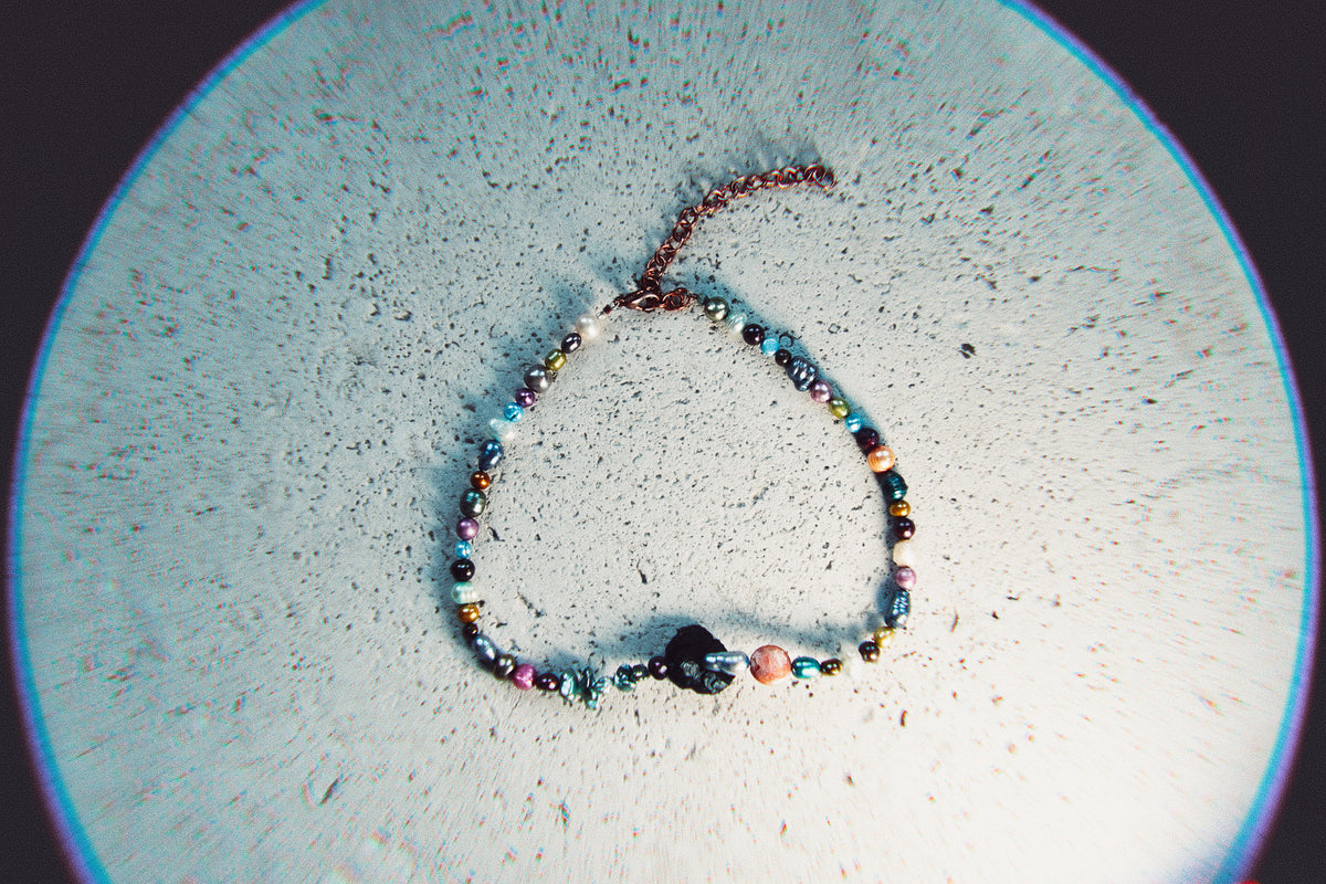 One-of-a-kind vintage freshwater pearl choker with rough black tourmaline and copper hardware