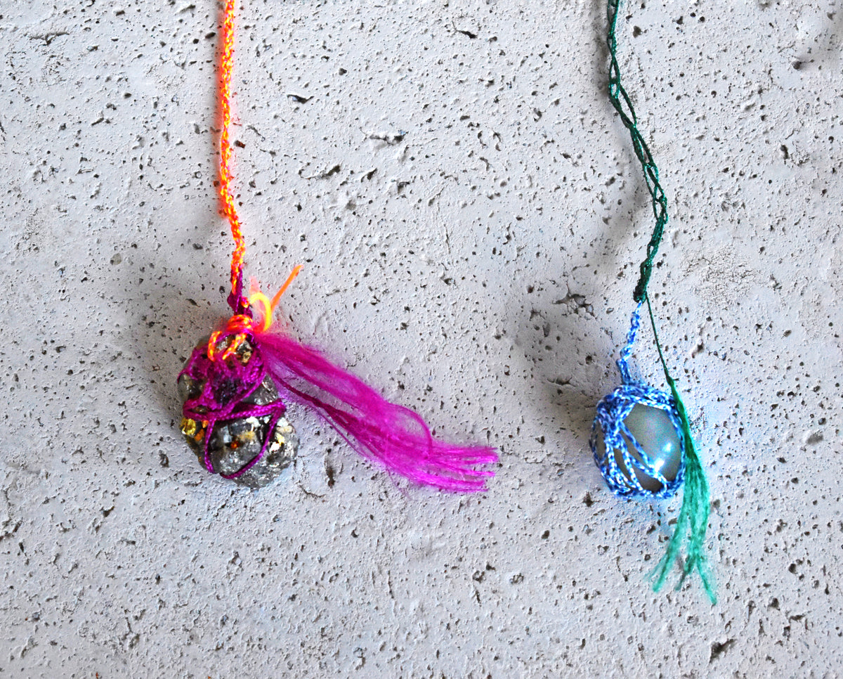 Handmade wrap lariat necklace with glittering pyrite, nephritic jade and colorful paracord tassels
