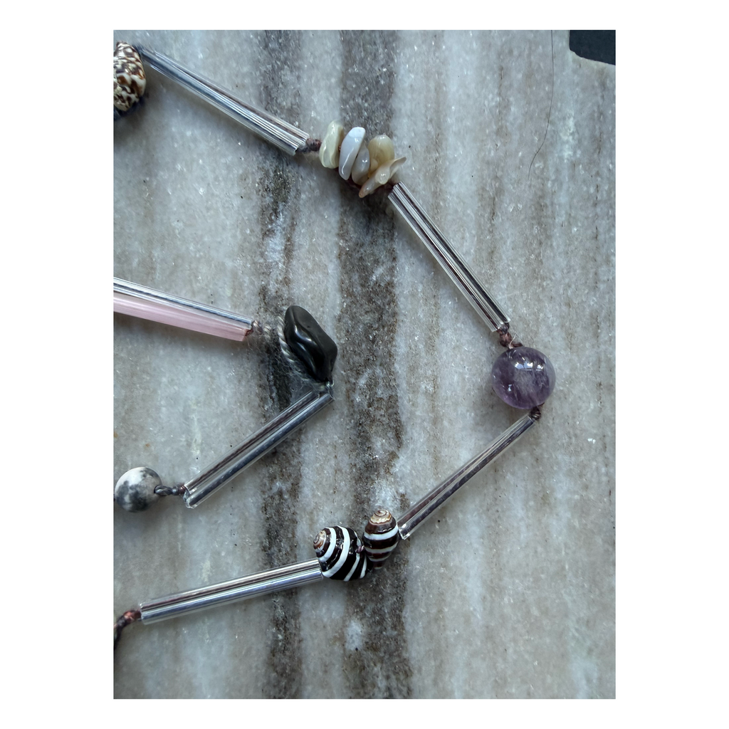 convertible necklace with shell, silk, glass, super seven, botswana agate, onyx
